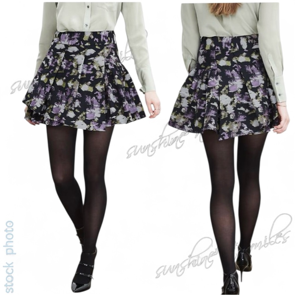 BANANA REPUBLIC Floral Black & Purple Jacquard Pleated Full Mini Skirt #725239